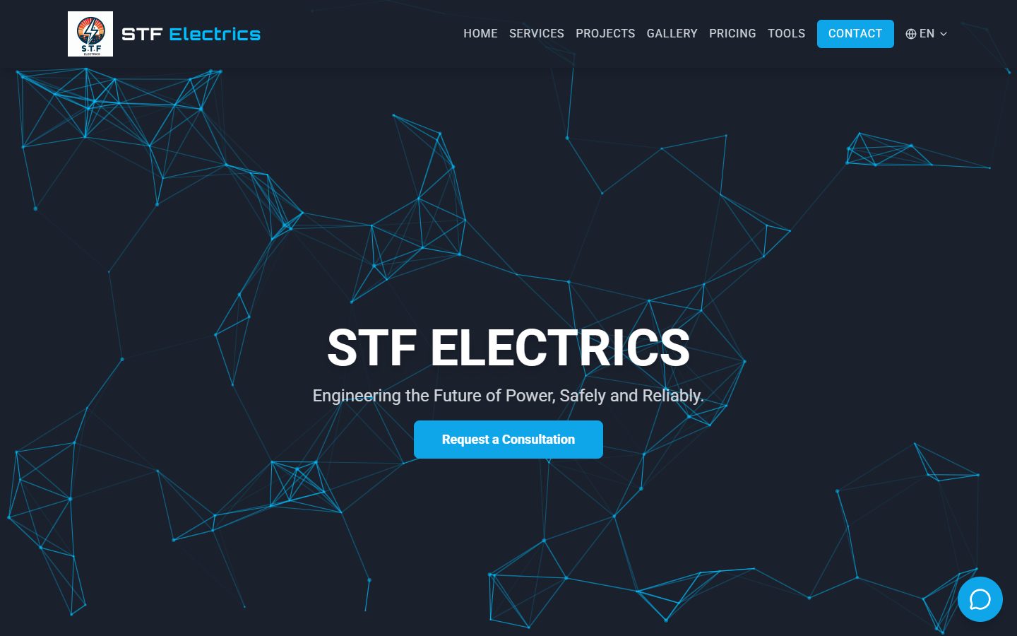 The STF Electrics homepage, a dark site with an animated network background and a Request a Consultation button.