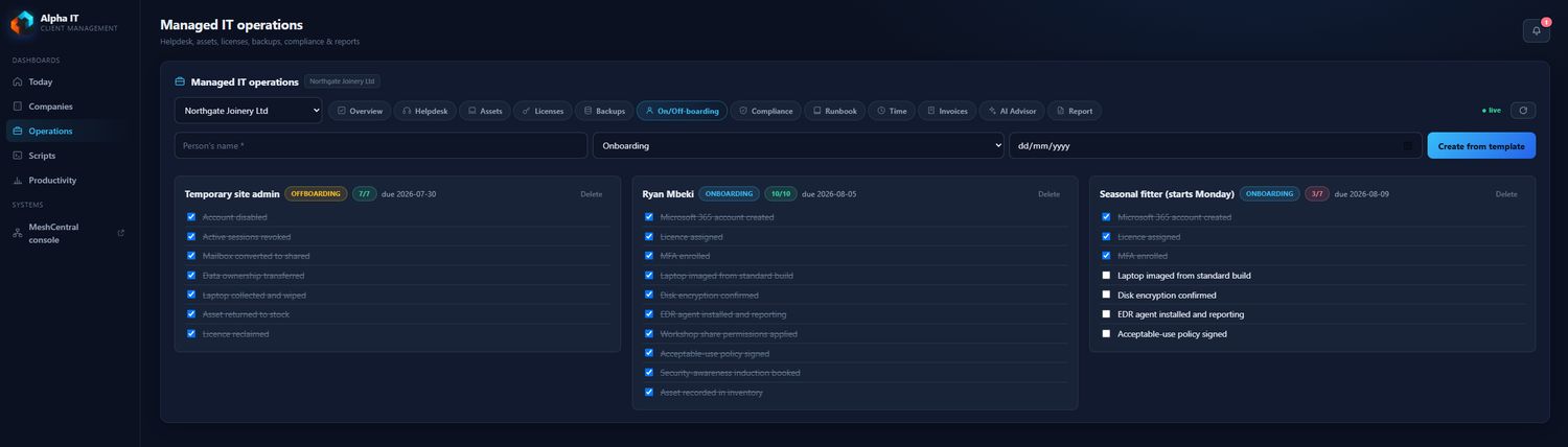 On-boarding and off-boarding screen in the Alpha IT client portal showing joiner and leaver checklists with completed steps ticked off.