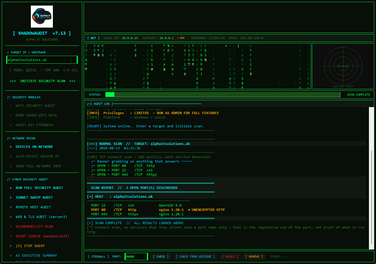 ShadowAudit showing a completed scan: three open ports found on a public
              server, with service versions and a warning on unencrypted HTTP
